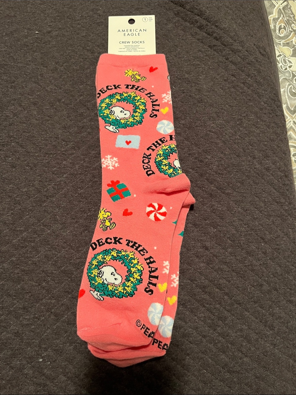 American Eagle Pink Snoopy Holiday 'Deck The Halls' Crew Socks